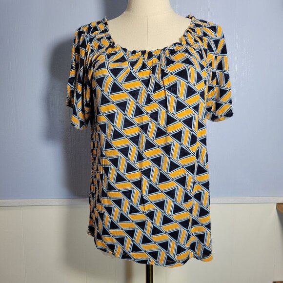 Ann Taylor Factory Small Navy Blue Yellow Round Neck Shortsleeve Casual Blouse - Picture 1 of 8